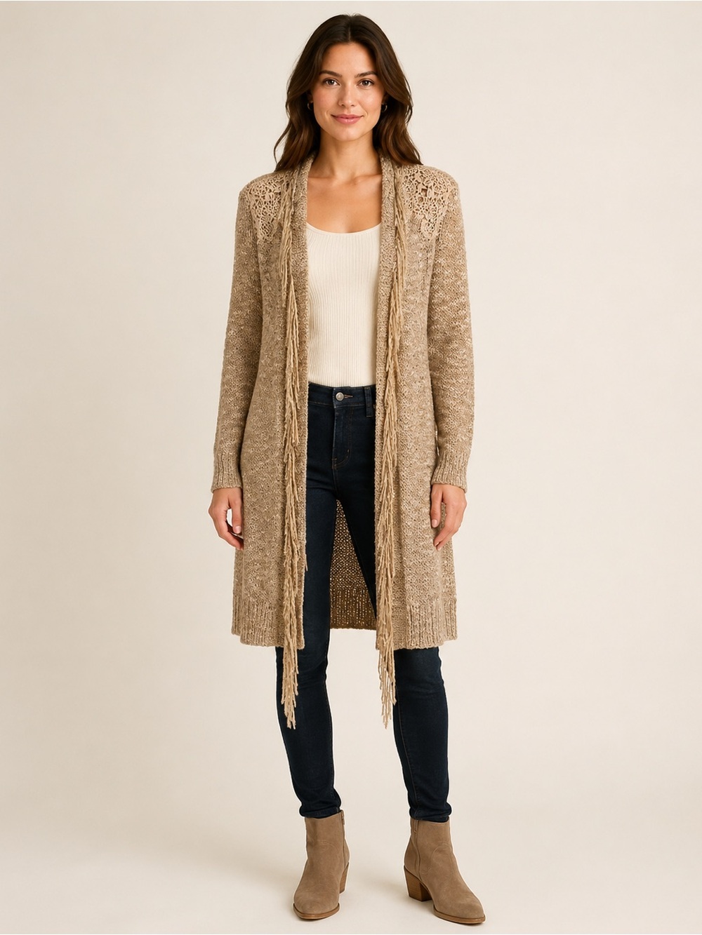 Chico's Longline Fringe Knit Cardigan - Taupe